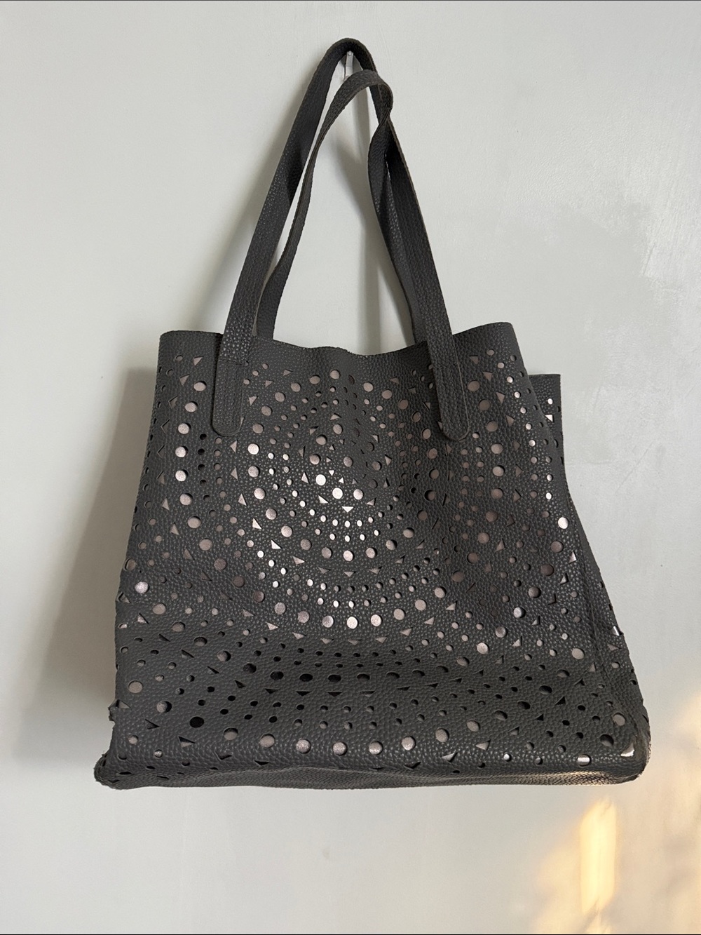 Perforated Leather Tote Bag in Dark Gray